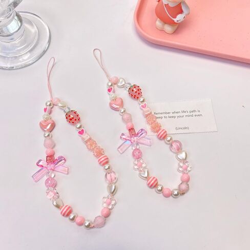 Pink Mobile Phone Lanyard Universal Phones Chain Pink Bow White Pearl Beaded Phone Lanyard Wrist Strap Anti Lost Charm Strap Fashion Phones Case Keychain Wallet Decoration Pendant Women，Strawberry Charm in Saudi Arabia
