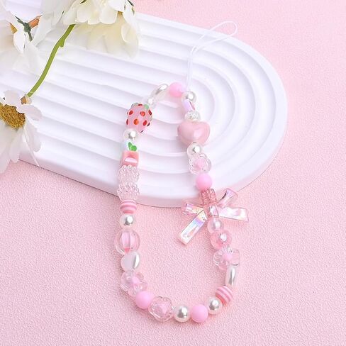 Pink Mobile Phone Lanyard Universal Phones Chain Pink Bow White Pearl Beaded Phone Lanyard Wrist Strap Anti Lost Charm Strap Fashion Phones Case Keychain Wallet Decoration Pendant Women，Strawberry Charm in Saudi Arabia