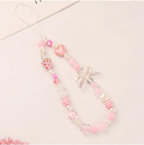 Pink Mobile Phone Lanyard Universal Phones Chain Pink Bow White Pearl Beaded Phone Lanyard Wrist Strap Anti Lost Charm Strap Fashion Phones Case Keychain Wallet Decoration Pendant Women，Strawberry Charm in Saudi Arabia