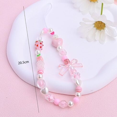 Pink Mobile Phone Lanyard Universal Phones Chain Pink Bow White Pearl Beaded Phone Lanyard Wrist Strap Anti Lost Charm Strap Fashion Phones Case Keychain Wallet Decoration Pendant Women，Strawberry Charm in Saudi Arabia