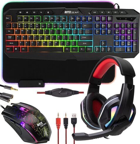 Ritz Gear RGB Accessories Kit | 4-in-1 قوس قزح LED Backlit Bundle Combo مع لوحة مفاتيح الوسائط المتعددة ، الماوس البصري ، وسادة الماوس وسماعات الرأس مع محول | لنظام التشغيل Windows 7+ سطح المكتب ، الكمبيوتر المحمول ، Xbox & PS4 in Saudi Arabia
