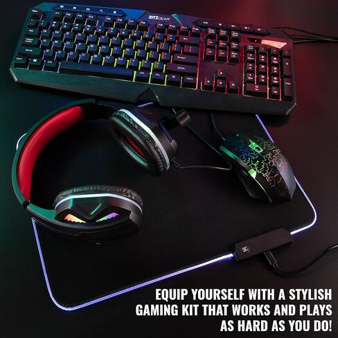 Ritz Gear RGB Accessories Kit | 4-in-1 قوس قزح LED Backlit Bundle Combo مع لوحة مفاتيح الوسائط المتعددة ، الماوس البصري ، وسادة الماوس وسماعات الرأس مع محول | لنظام التشغيل Windows 7+ سطح المكتب ، الكمبيوتر المحمول ، Xbox & PS4 in Saudi Arabia