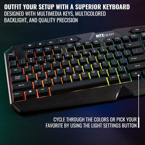 Ritz Gear RGB Accessories Kit | 4-in-1 قوس قزح LED Backlit Bundle Combo مع لوحة مفاتيح الوسائط المتعددة ، الماوس البصري ، وسادة الماوس وسماعات الرأس مع محول | لنظام التشغيل Windows 7+ سطح المكتب ، الكمبيوتر المحمول ، Xbox & PS4 in Saudi Arabia
