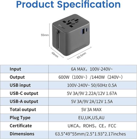 محول السفر العالمي ، محول سدادة السفر الأوروبي (وليس محول الجهد) ، محول الطاقة الدولي مع USB C USB من النوع A و AC الخاص بالاتحاد الأوروبي في المملكة المتحدة أستراليا اليابان تايلاند (النوع C/G/A/I) in Kuwait