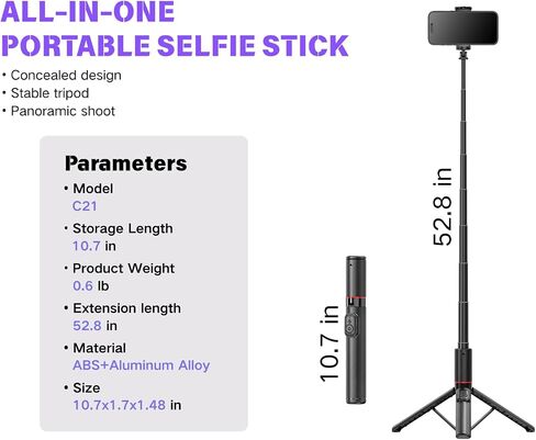 C21 53" Aluminum Selfie Stick Tripod for iPhone Android, Hidden Design Portable Phone Stand with Wireless Remote, Extendable Travel Stand for Video Recording, Live Streaming in Saudi Arabia
