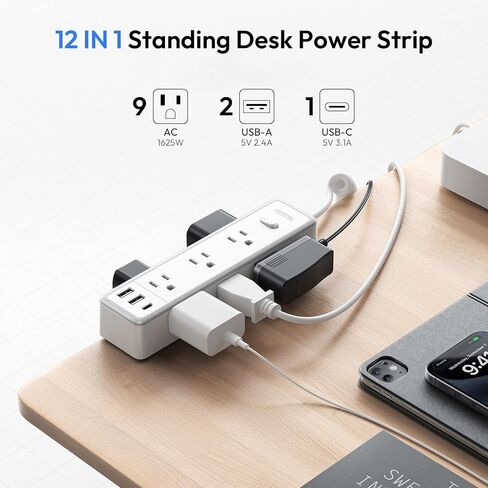 12 in 1 Standing Desk Power Strip, NTONPOWER 10ft Extension Cord with 9 AC Outlets 3 USB Ports, 1200J Surge Protector, Table Mount or Wall Mountable Charging Station,Standing Desk Accessories in Saudi Arabia