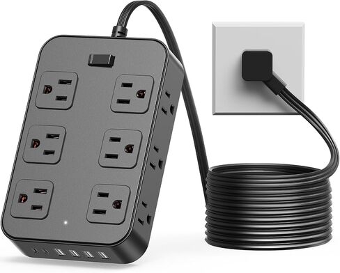 Power Strip Surge Protector 5 Ft Extension Cord with 12 AC Outlets 6 USB Ports Flat Plug 3-Sided Outlet Extender Home Office Kitchen Dorm Room Wall Desk Charging Station ETL Listed Black in Saudi Arabia