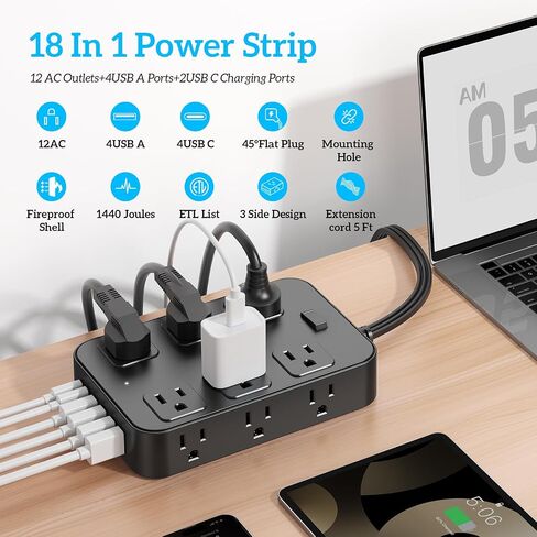 Power Strip Surge Protector 5 Ft Extension Cord with 12 AC Outlets 6 USB Ports Flat Plug 3-Sided Outlet Extender Home Office Kitchen Dorm Room Wall Desk Charging Station ETL Listed Black in Saudi Arabia