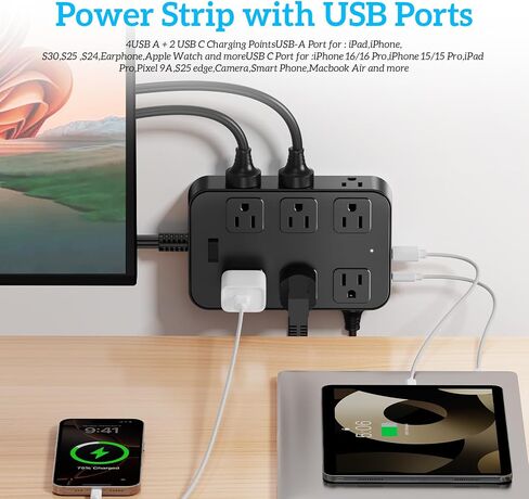 Power Strip Surge Protector 5 Ft Extension Cord with 12 AC Outlets 6 USB Ports Flat Plug 3-Sided Outlet Extender Home Office Kitchen Dorm Room Wall Desk Charging Station ETL Listed Black in Saudi Arabia