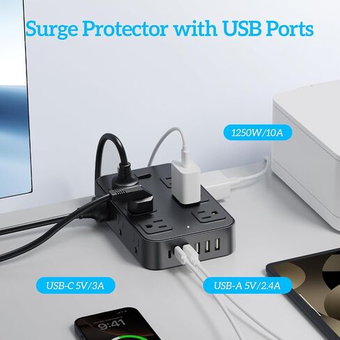 Power Strip Surge Protector 5 Ft Extension Cord with 12 AC Outlets 6 USB Ports Flat Plug 3-Sided Outlet Extender Home Office Kitchen Dorm Room Wall Desk Charging Station ETL Listed Black in Saudi Arabia