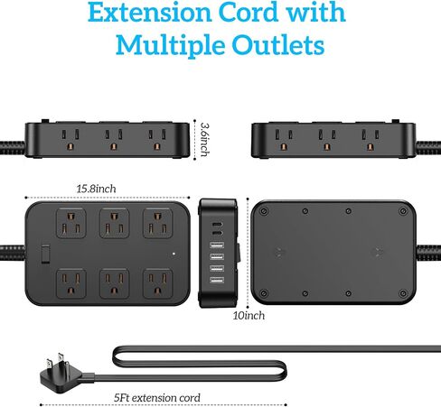 Power Strip Surge Protector 5 Ft Extension Cord with 12 AC Outlets 6 USB Ports Flat Plug 3-Sided Outlet Extender Home Office Kitchen Dorm Room Wall Desk Charging Station ETL Listed Black in Saudi Arabia