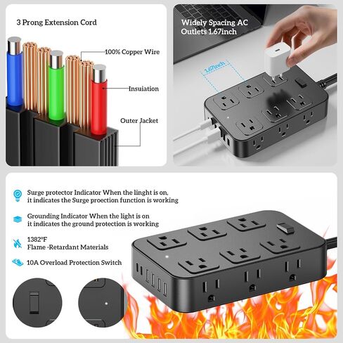 Power Strip Surge Protector 5 Ft Extension Cord with 12 AC Outlets 6 USB Ports Flat Plug 3-Sided Outlet Extender Home Office Kitchen Dorm Room Wall Desk Charging Station ETL Listed Black in Saudi Arabia