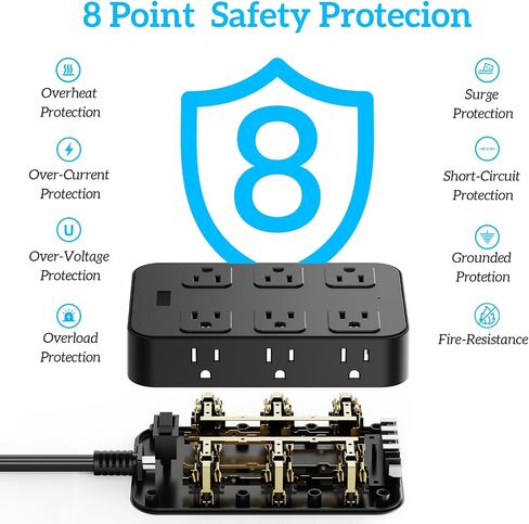 Power Strip Surge Protector 5 Ft Extension Cord with 12 AC Outlets 6 USB Ports Flat Plug 3-Sided Outlet Extender Home Office Kitchen Dorm Room Wall Desk Charging Station ETL Listed Black in Saudi Arabia