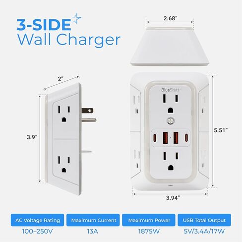 شاحن طاقة الجدار الجدران شاحن الحائط 6 موسع منفذ 4 منافذ USB (5 فولت ، 2.4 أ ، 12W) وشريط الطاقة الليلي 3 من الجوانب مع منافذ متباعدة محول - حامية زيادة في المكتب المنزلي للمكتب المنزلي للمكتب المنزلي in Kuwait
