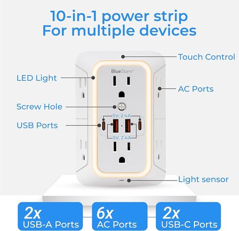 شاحن طاقة الجدار الجدران شاحن الحائط 6 موسع منفذ 4 منافذ USB (5 فولت ، 2.4 أ ، 12W) وشريط الطاقة الليلي 3 من الجوانب مع منافذ متباعدة محول - حامية زيادة في المكتب المنزلي للمكتب المنزلي للمكتب المنزلي in Kuwait
