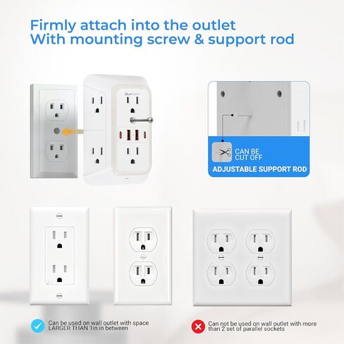 شاحن طاقة الجدار الجدران شاحن الحائط 6 موسع منفذ 4 منافذ USB (5 فولت ، 2.4 أ ، 12W) وشريط الطاقة الليلي 3 من الجوانب مع منافذ متباعدة محول - حامية زيادة في المكتب المنزلي للمكتب المنزلي للمكتب المنزلي in Kuwait