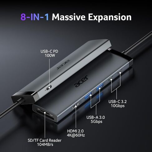 Acer 8 in 1 USB C Hub 10Gbps, USBC to HDMI Adapter 4K@60Hz, 2×USB-C 3.2, 2×USB A 3.0 Data Transfer, 100W PD Port Type C Multiport Splitter with SD/TF Card Reader, for Laptop, PC, Desktop, iPad Pro in Saudi Arabia