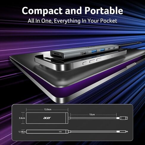 Acer 8 in 1 USB C Hub 10Gbps, USBC to HDMI Adapter 4K@60Hz, 2×USB-C 3.2, 2×USB A 3.0 Data Transfer, 100W PD Port Type C Multiport Splitter with SD/TF Card Reader, for Laptop, PC, Desktop, iPad Pro in Saudi Arabia