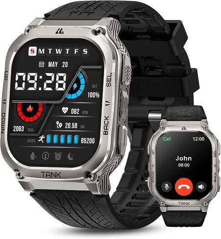Amaztim Smart Watch ، 60 يومًا بطارية طويلة طويلة ، وغطاء 5atm مقاوم للماء ، والصف العسكري المعدني الكامل ، والاستدعاء/إجراء مكالمة ، وشاشة AMOLED ، وشاشة الصحة متوافقة مع iPhone و Android in Kuwait