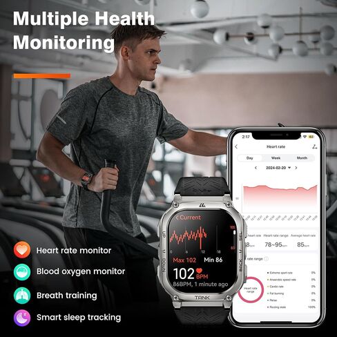 Amaztim Smart Watch ، 60 يومًا بطارية طويلة طويلة ، وغطاء 5atm مقاوم للماء ، والصف العسكري المعدني الكامل ، والاستدعاء/إجراء مكالمة ، وشاشة AMOLED ، وشاشة الصحة متوافقة مع iPhone و Android in Kuwait