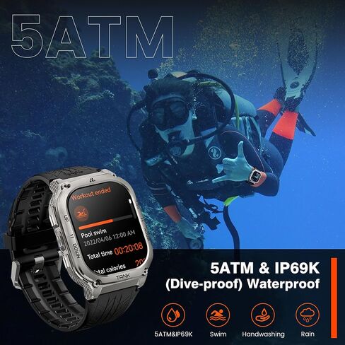 Amaztim Smart Watch ، 60 يومًا بطارية طويلة طويلة ، وغطاء 5atm مقاوم للماء ، والصف العسكري المعدني الكامل ، والاستدعاء/إجراء مكالمة ، وشاشة AMOLED ، وشاشة الصحة متوافقة مع iPhone و Android in Kuwait
