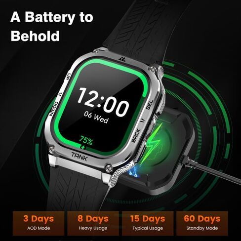 Amaztim Smart Watch ، 60 يومًا بطارية طويلة طويلة ، وغطاء 5atm مقاوم للماء ، والصف العسكري المعدني الكامل ، والاستدعاء/إجراء مكالمة ، وشاشة AMOLED ، وشاشة الصحة متوافقة مع iPhone و Android in Kuwait