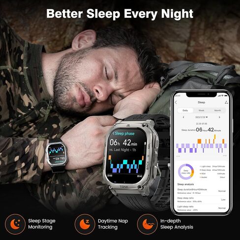 Amaztim Smart Watch ، 60 يومًا بطارية طويلة طويلة ، وغطاء 5atm مقاوم للماء ، والصف العسكري المعدني الكامل ، والاستدعاء/إجراء مكالمة ، وشاشة AMOLED ، وشاشة الصحة متوافقة مع iPhone و Android in Kuwait
