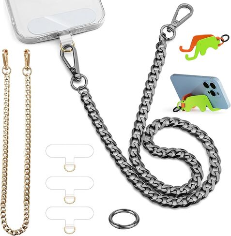 2 PCS Phone Lanyard Belt Belt Chain anti theft ballet chain for Men Women Metal Hip Hop Punk Jeans Chains Bansers with 3 Patch Patch و iPhone حامل لجميع مفاتيح الهواتف الذكية الذهب والبندقية in Kuwait