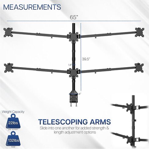 VIVO Premium Hex Ultra Wide LCD LED 27 to 38 inch Monitor Desk Mount, Heavy Duty C-clamp, Extra Tall Pole, Adjustable Telescoping Arms, Flush Wall Setup, Fits 6 Screens, Black, STAND-TS06C in Saudi Arabia