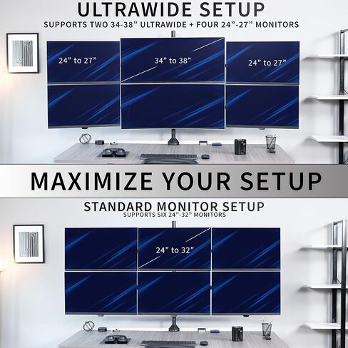 VIVO Premium Hex Ultra Wide LCD LED 27 to 38 inch Monitor Desk Mount, Heavy Duty C-clamp, Extra Tall Pole, Adjustable Telescoping Arms, Flush Wall Setup, Fits 6 Screens, Black, STAND-TS06C in Saudi Arabia
