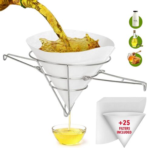 +25 Premium 10 Inch Grease container for kitchen oil filter spoon cooking to reuse strainer separator holder deep fryer frying paper cones food pot maple syrup tapping cone fry china cap. in Saudi Arabia