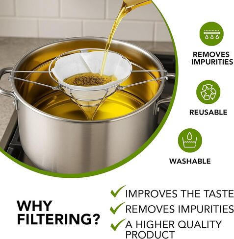 +25 Premium 10 Inch Grease container for kitchen oil filter spoon cooking to reuse strainer separator holder deep fryer frying paper cones food pot maple syrup tapping cone fry china cap. in Saudi Arabia