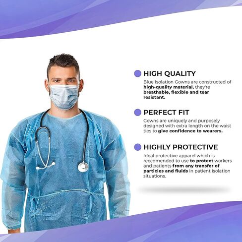 AMZ Medical Supply Hospital فساتين يمكن التخلص منها مقاس X-Large، فساتين عزل طبية زرقاء يمكن التخلص منها 10 عبوات، بولي بروبيلين 45 بوصة أثواب طبية للنساء والرجال 30 جرام في المتر المربع مع ربطات الخصر والرقبة، ومعصمين مرنين in Saudi Arabia
