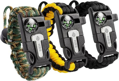 HR8 Survival Bracelet 3 Pack - Paracord Bracelets with Fire Starter ، Compass ، Whistle & 12ft 550 Cord - Amplable Emergency Camping & Terming Gear (Black ، Camo ، Yellow) in Saudi Arabia