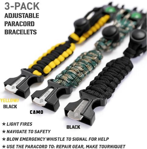 HR8 Survival Bracelet 3 Pack - Paracord Bracelets with Fire Starter ، Compass ، Whistle & 12ft 550 Cord - Amplable Emergency Camping & Terming Gear (Black ، Camo ، Yellow) in Saudi Arabia