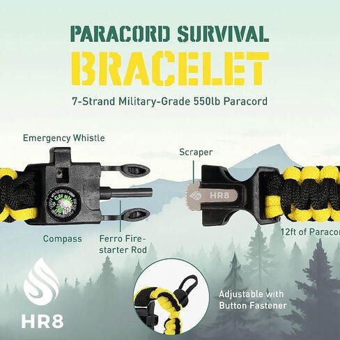 HR8 Survival Bracelet 3 Pack - Paracord Bracelets with Fire Starter ، Compass ، Whistle & 12ft 550 Cord - Amplable Emergency Camping & Terming Gear (Black ، Camo ، Yellow) in Saudi Arabia