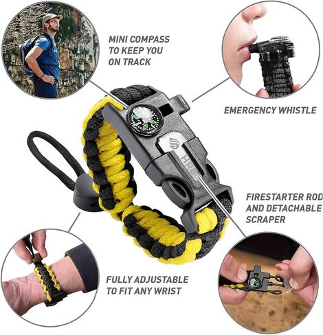 HR8 Survival Bracelet 3 Pack - Paracord Bracelets with Fire Starter ، Compass ، Whistle & 12ft 550 Cord - Amplable Emergency Camping & Terming Gear (Black ، Camo ، Yellow) in Saudi Arabia