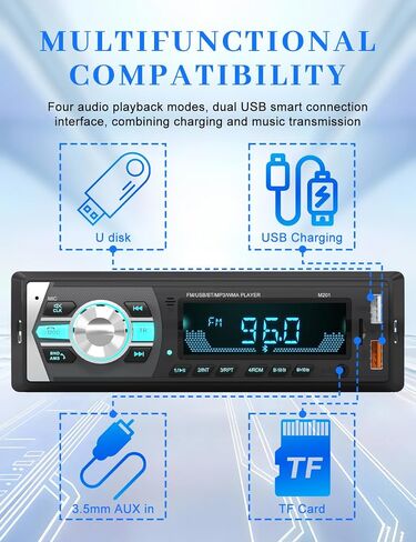 راديو Bluetooth واحد ، جهاز استقبال ستيريو السيارة ونظام الصوت | منافذ USB مزدوجة/FM/AUX/MP3/SD/EQ | ملاءمة عالمية لسيارات سيارات سيارات الدفع الرباعي in Kuwait