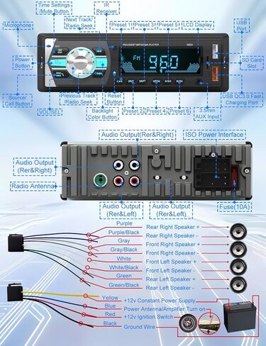 راديو Bluetooth واحد ، جهاز استقبال ستيريو السيارة ونظام الصوت | منافذ USB مزدوجة/FM/AUX/MP3/SD/EQ | ملاءمة عالمية لسيارات سيارات سيارات الدفع الرباعي in Kuwait