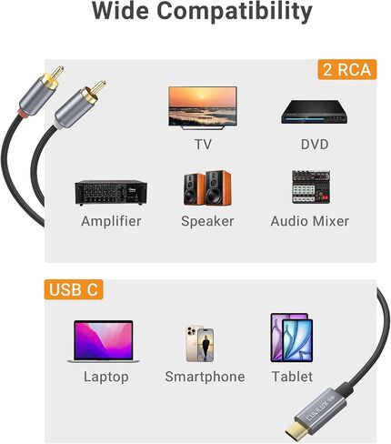 Cubilux USB to RCA Audio Cable with 384KHz/24-bit DAC, USB A Male to 2 Male RCA Stereo AUX Cord, 2RCA Auxilary Cable for Laptop, PC, Computer, 6 Feet in Kuwait