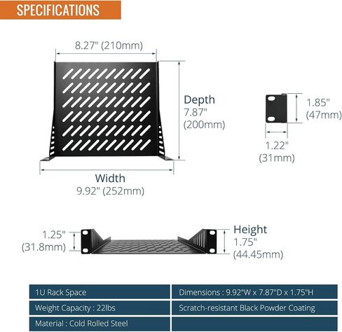 Tecmojo 1U Rack Mount Shelf لـ 10 "رف الخادم ، 7.87" صينية ناتئة عميقة ، رف معدني لخزانة الشبكة ، حاوية الخادم ، تدفق الهواء المحسن ، الأسود in Saudi Arabia
