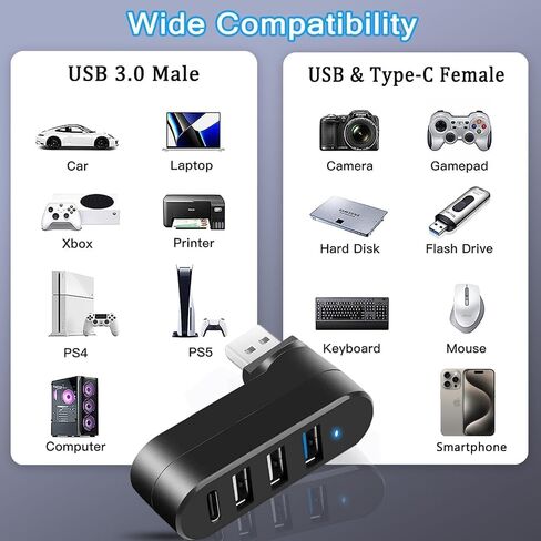 4-port USB 3.0 HUB [90 °/180 ° قابل للتدوير] ، فاصل USB مع منفذ USB 3.0 ، 2 منافذ USB 2.0 ، ومنفذ بيانات USB C 1 ، موسع USB لأجهزة الكمبيوتر المحمولة ، السيارات ، Surface GO ، MAC ، MAC AIR/PRO ، وأجهزة أخرى in Saudi Arabia