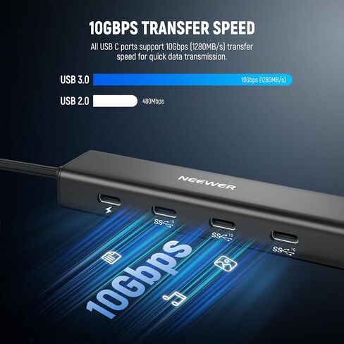 Neewer USB C Hub Dock مع محول الأحذية البارد ، 4 في 1 Dongle متعددة المحول مع 3x USB C Port 3.1 Gen2 & 1x 100W PD ، 10 جيجابت في الثانية متوافقة مع iPhone 16 15 iPad Mac Android PC Laptop ، PS020E in Kuwait