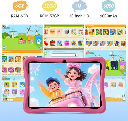 10.1 Inch Kids Tablet Ages 8-15, Android 15 Tablet for Kids,6G+32GB up to 128GB,6000mAh Battery,Dual Camera,WiFi,BT 5.0,Best Electronics Tablets Gift for Kids,Shockproof Protective Case (Pink) in Kuwait