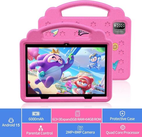 10 Inch Kids Tablet with Case, Android 15 Tablets for Age 3-12, 64GB Educational Pad, 5G WIFI6,Parental Control, Dual Camera, 6000mAh, Bluetooth (Pink) in Saudi Arabia