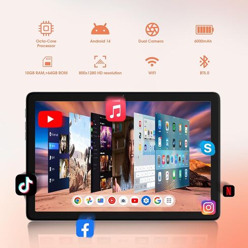 Tablet 10.1 بوصة Android 14 Tablet-ذاكرة الوصول العشوائي 10 جيجا بايت ، تخزين 64 جيجابايت + 256 جيجابايت قابلة للتوسعة ، معالج ثماني النواة ، بطارية 8 ساعات ، HD 800 × 1280 IPS شاشة تعمل باللمس ، Wi-Fi 5 | Bluetooth 5.0 ، الكاميرات المزدوجة - رمادي فاتح in Kuwait
