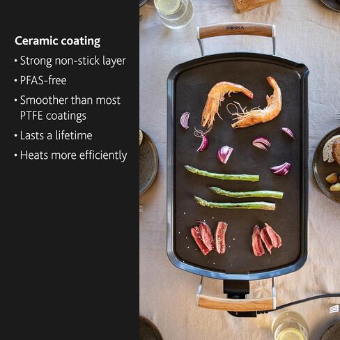 Boska Electric Griddle Pro – PFAS-Free Ceramic Nonstick Surface – Adjustable Heat up to 420°F – Grease Drain Spout – Oak Wood Handles – Black in Kuwait
