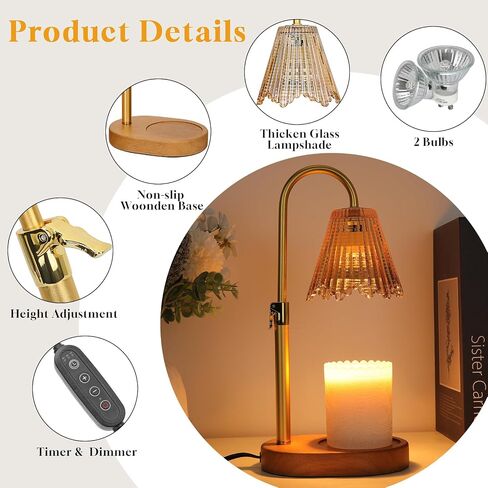 Candle Warmer Lamp with Timer, Candle Warmer Lamp Adjustable Height, Electric Candle Lamp Warmer, Dimmable Candle Warmer Lamp with 2 Bulbs, Walnut Wood Base, Gifts for Mom Home Decor in Saudi Arabia
