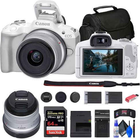 كاميرا Canon EOS R50 بدون مرآة مع عدسة 18-45 مم (أسود) (5811C012) + بطاقة ذاكرة سعة 64 جيجابايت + حقيبة + شاحن + بطارية LPE17 + قارئ بطاقات + محفظة ذاكرة + مجموعة أدوات التنظيف (متجددة) in Kuwait