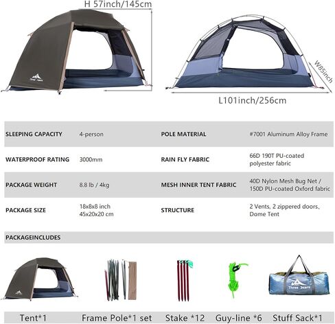 ThreeBears 4-Person Backpacking Tent Shelter, 3000mm Waterproof, Easy Setup, Spacious for Family Outdoor Adventures, Hiking, and Camping Trips in Kuwait